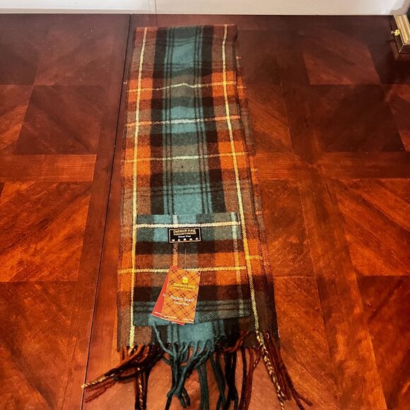 Patrick King Wool Pocket Scarf Plaid Design With Fringe Trim Brown Teal scotish - Picture 8 of 10